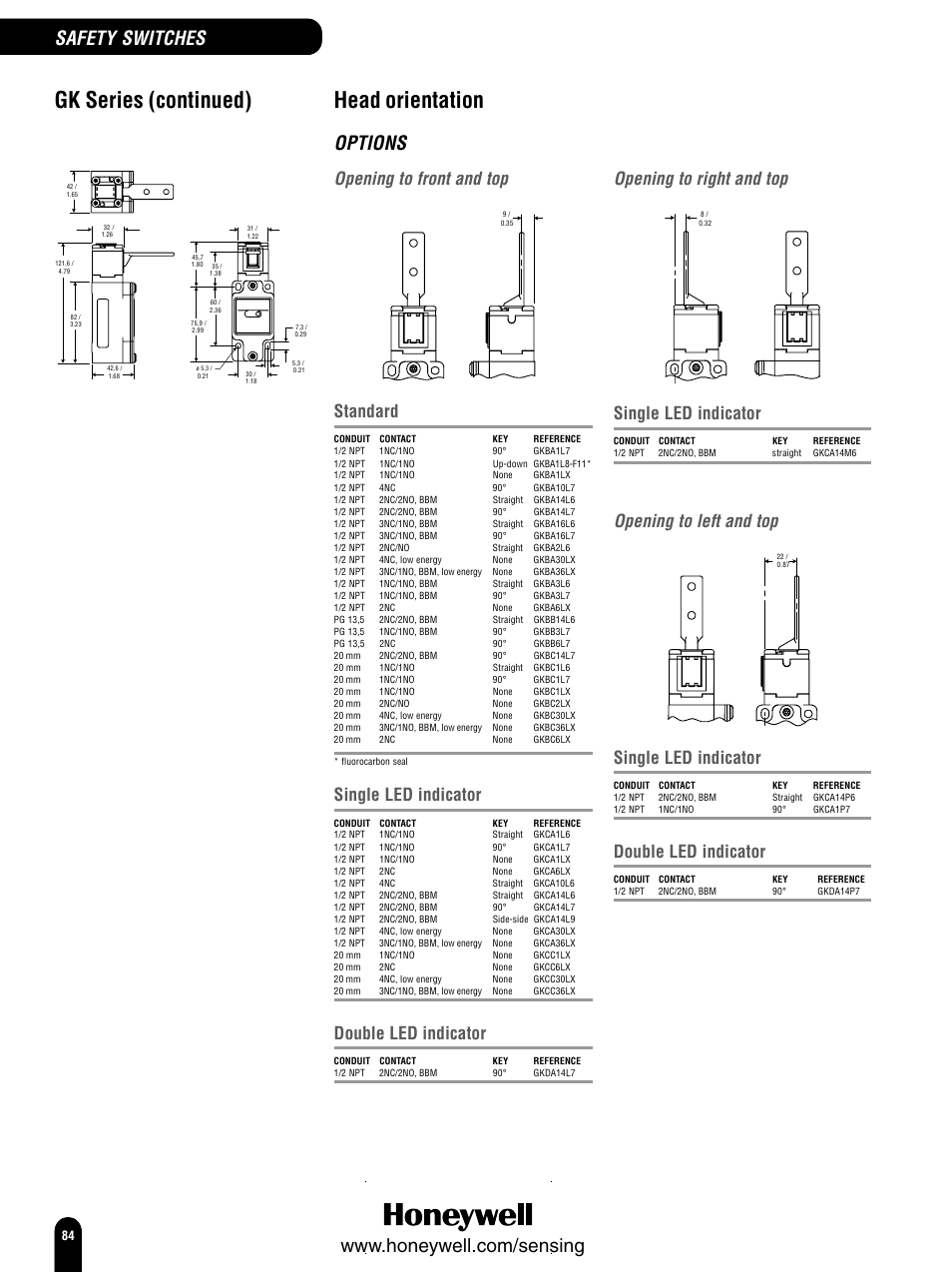 Head orientation, Gk series (continued), Options | Safety switches, Opening to front and top, Opening to right and top, Opening to left and top, Standard, Single led indicator, Double led indicator | Honeywell Switches and Sensors User Manual | Page 86 / 148