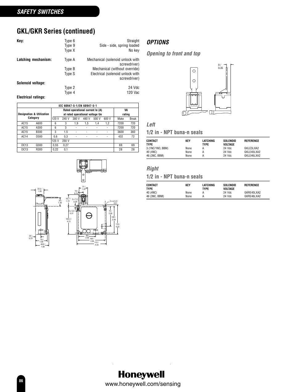 Gkl/gkr series (continued), Options, Safety switches | Opening to front and top, Left, Right, 1/2 in - npt buna-n seals | Honeywell Switches and Sensors User Manual | Page 88 / 148