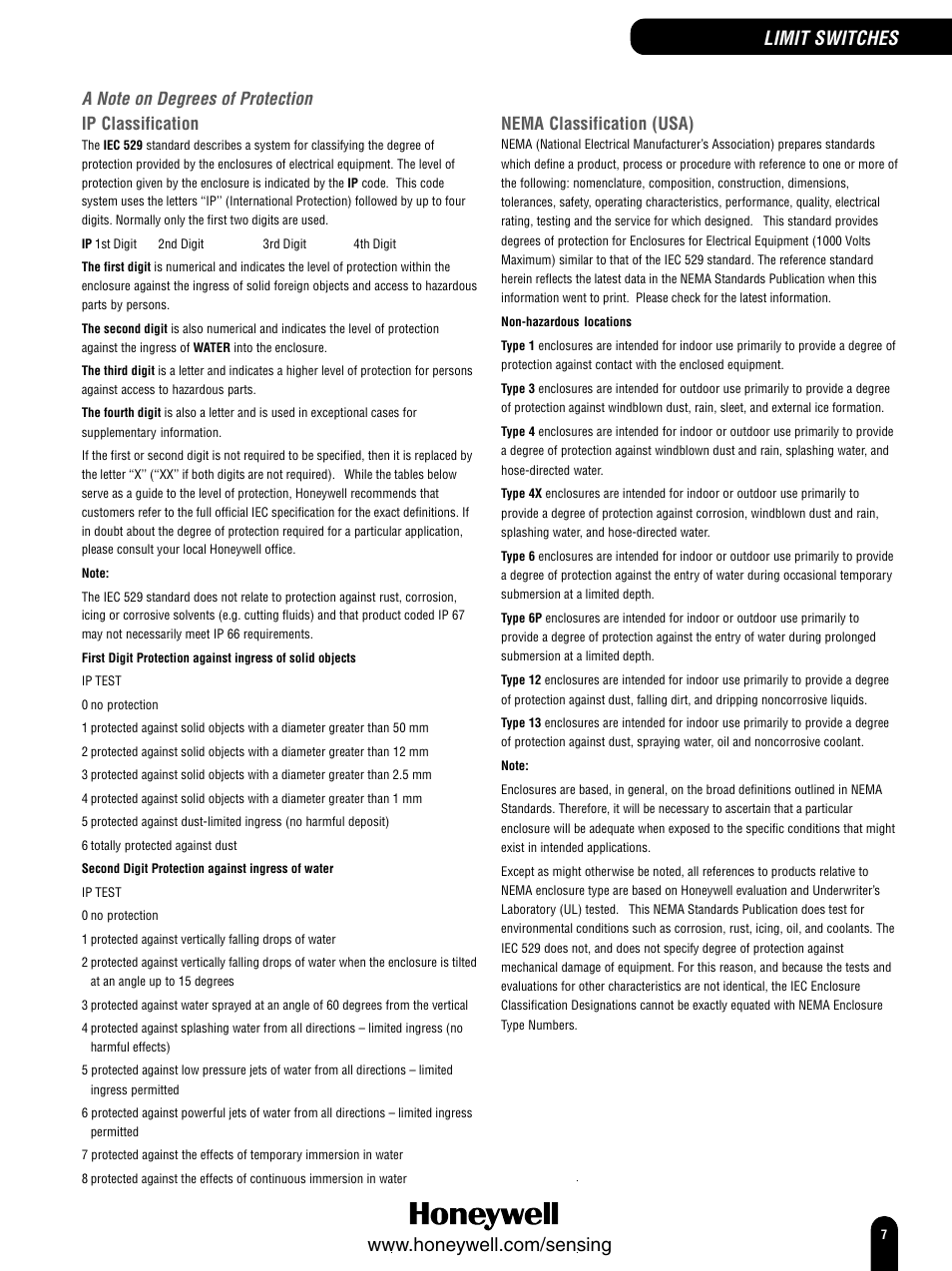 Ip classification, Nema classification (usa) | Honeywell Switches and Sensors User Manual | Page 9 / 148
