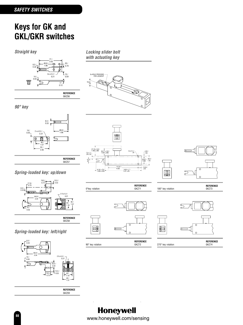 Keys for gk and gkl/gkr switches, Safety switches, Straight key | 90° key, Spring-loaded key: up/down, Spring-loaded key: left/right, Locking slider bolt with actuating key | Honeywell Switches and Sensors User Manual | Page 90 / 148