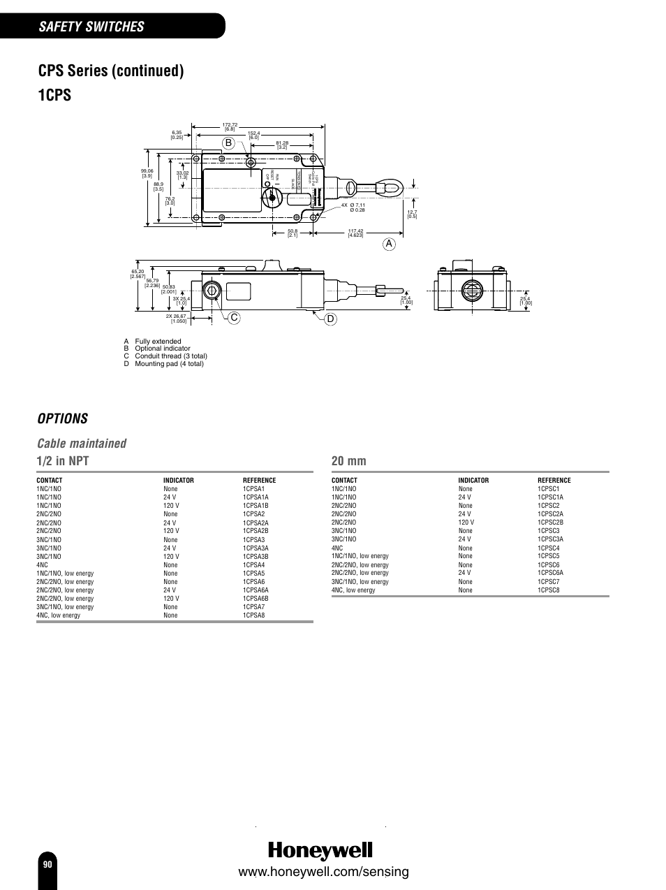 Cps series (continued), 1cps, Options | Safety switches, Cable maintained, 1/2 in npt, 20 mm, Bc d a | Honeywell Switches and Sensors User Manual | Page 92 / 148