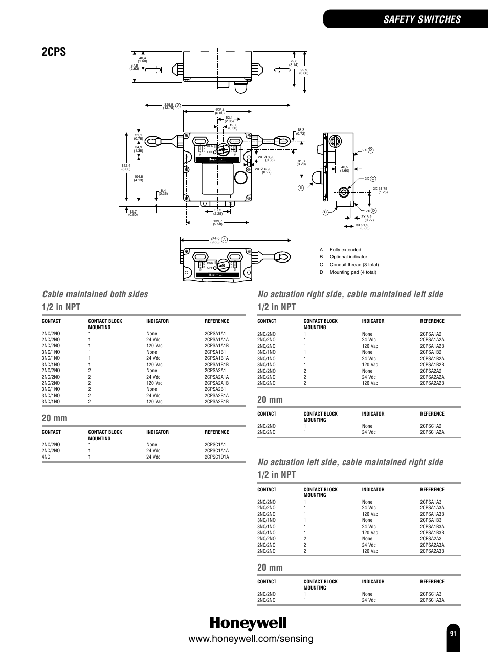 2cps, Cable maintained both sides, 1/2 in npt | 20 mm | Honeywell Switches and Sensors User Manual | Page 93 / 148