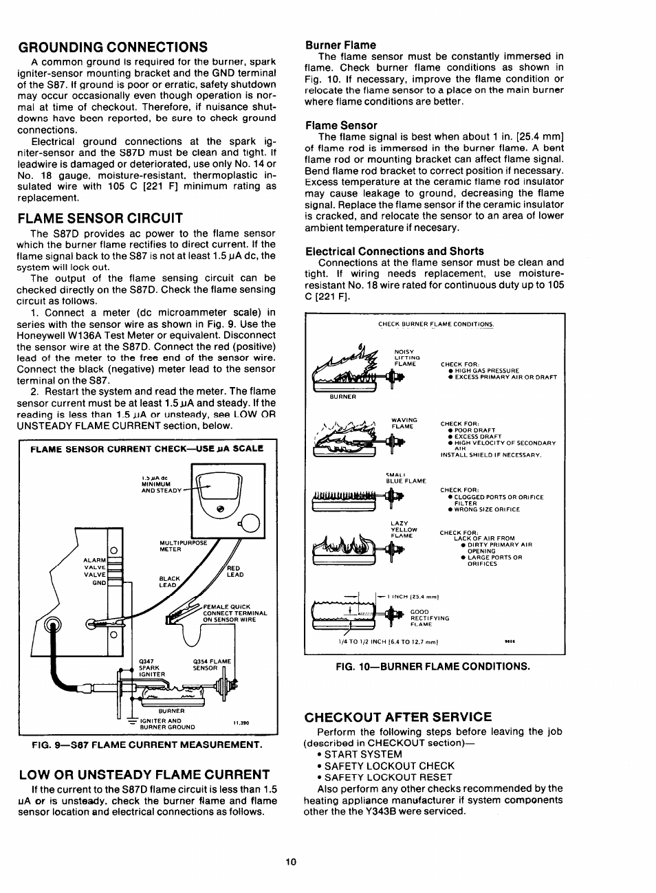 Grounding connections, Flame sensor circuit, Low or unsteady flame current | Checkout after service | Honeywell Y343B1002 User Manual | Page 10 / 11