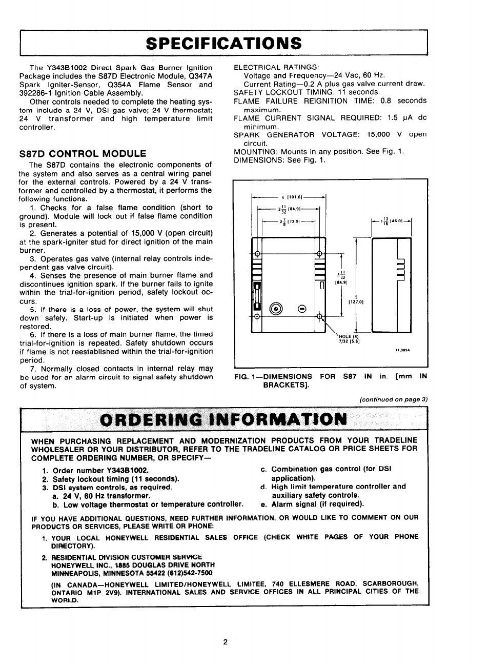 S87d control module, Ordering information | Honeywell Y343B1002 User Manual | Page 2 / 11