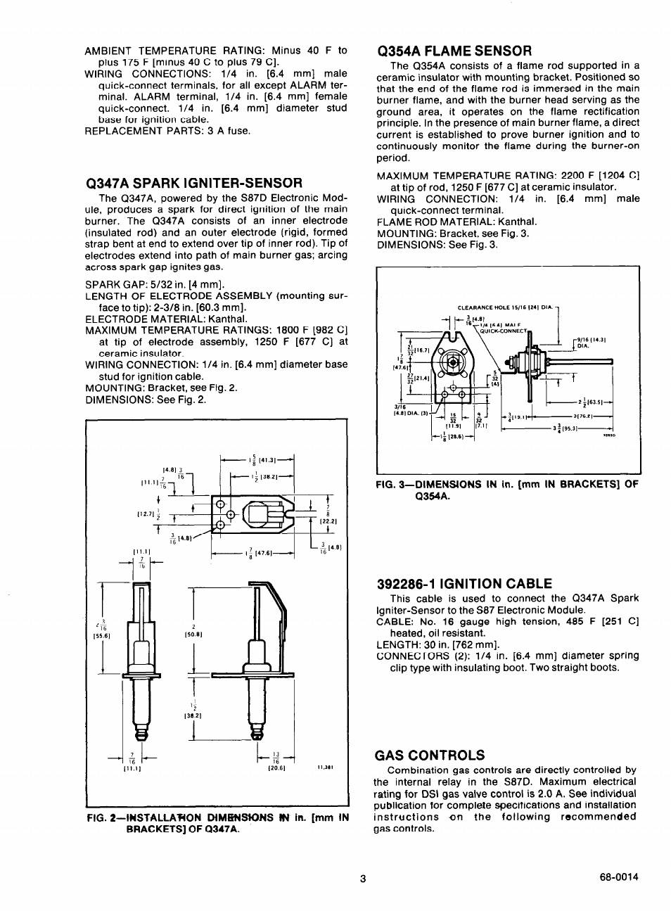 Q347a spark igniter-sensor, Q354a flame sensor, 392286-1 ignition cable | Gas controls | Honeywell Y343B1002 User Manual | Page 3 / 11