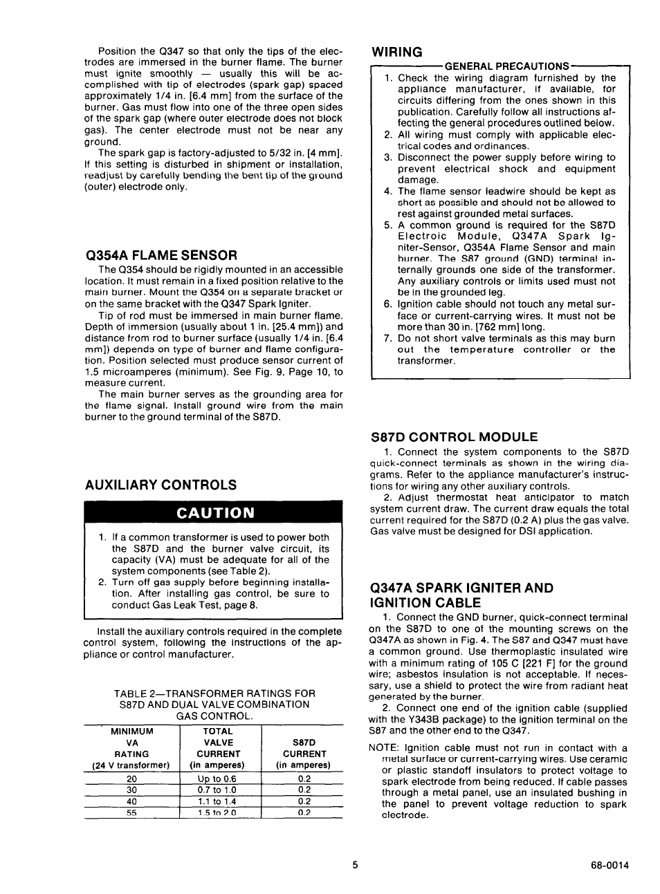 Wiring, Q354a flame sensor, Auxiliary controls | S87d control module, Q347a spark igniter and ignition cable, Caution, Wiring q354a flame sensor | Honeywell Y343B1002 User Manual | Page 5 / 11