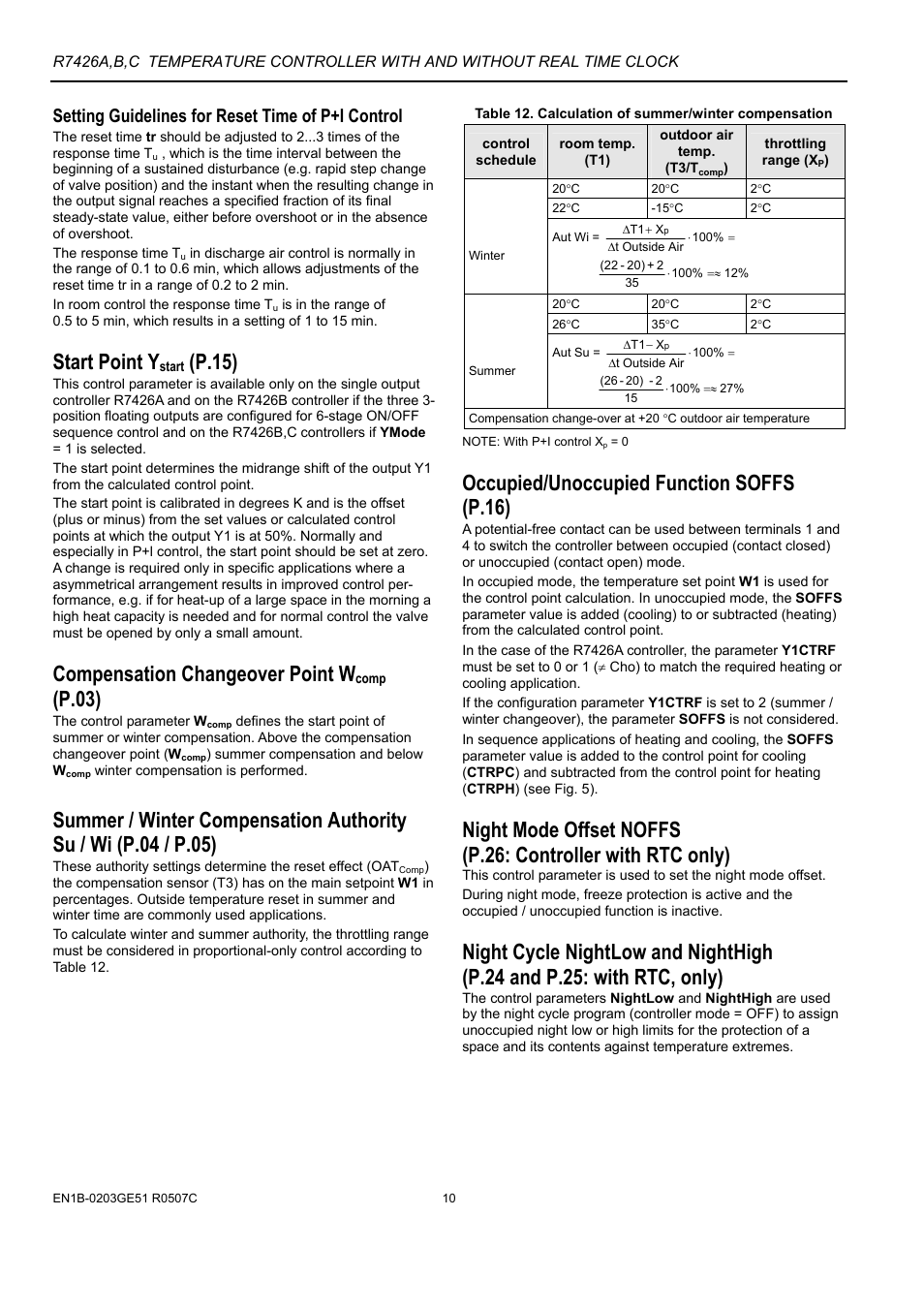 Start point y, P.15), Compensation changeover point w | P.03), Occupied/unoccupied function soffs (p.16), Setting guidelines for reset time of p+i control | Honeywell MICRONIK 200 R7426A User Manual | Page 10 / 20