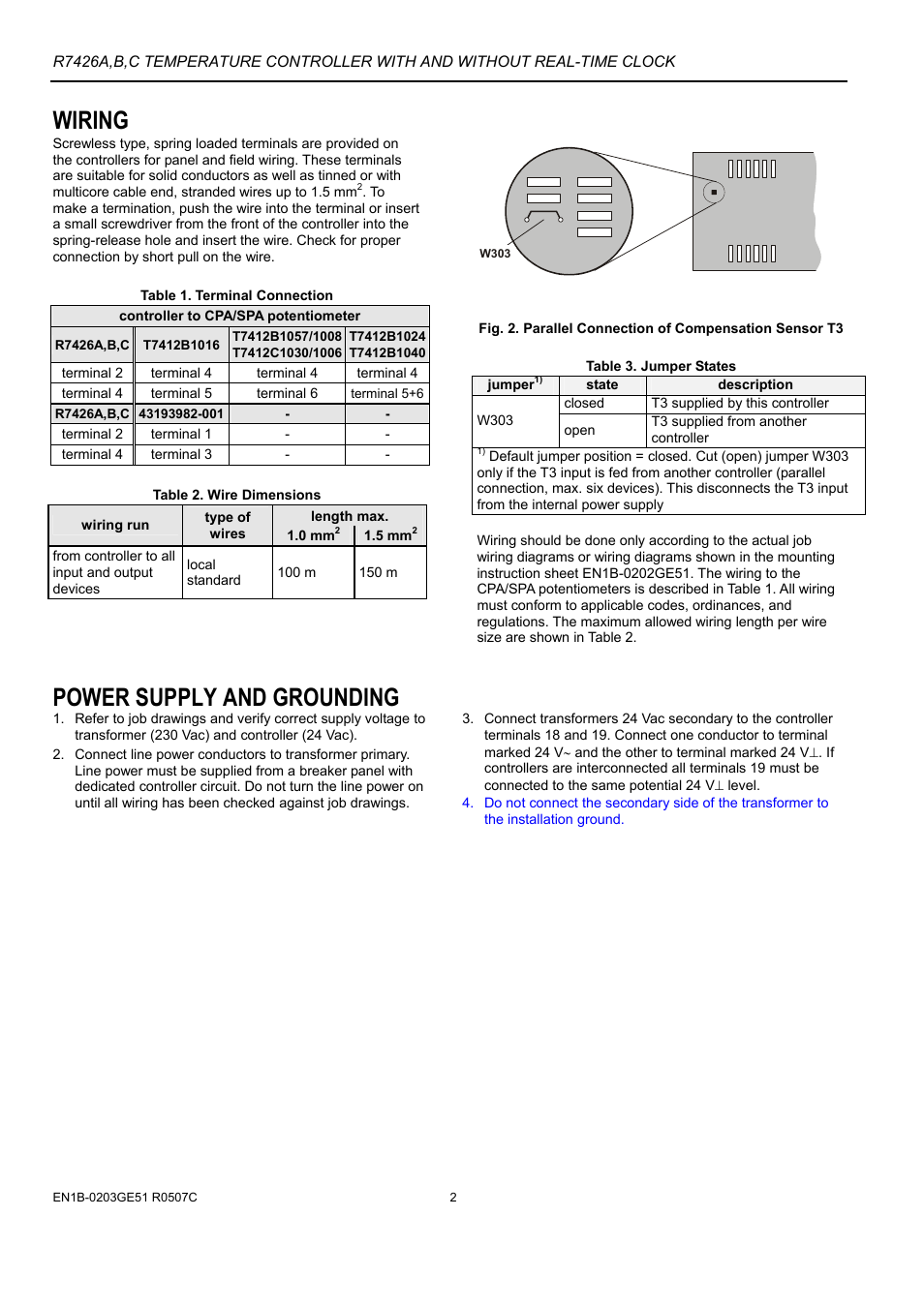 Wiring, Power supply and grounding | Honeywell MICRONIK 200 R7426A User Manual | Page 2 / 20