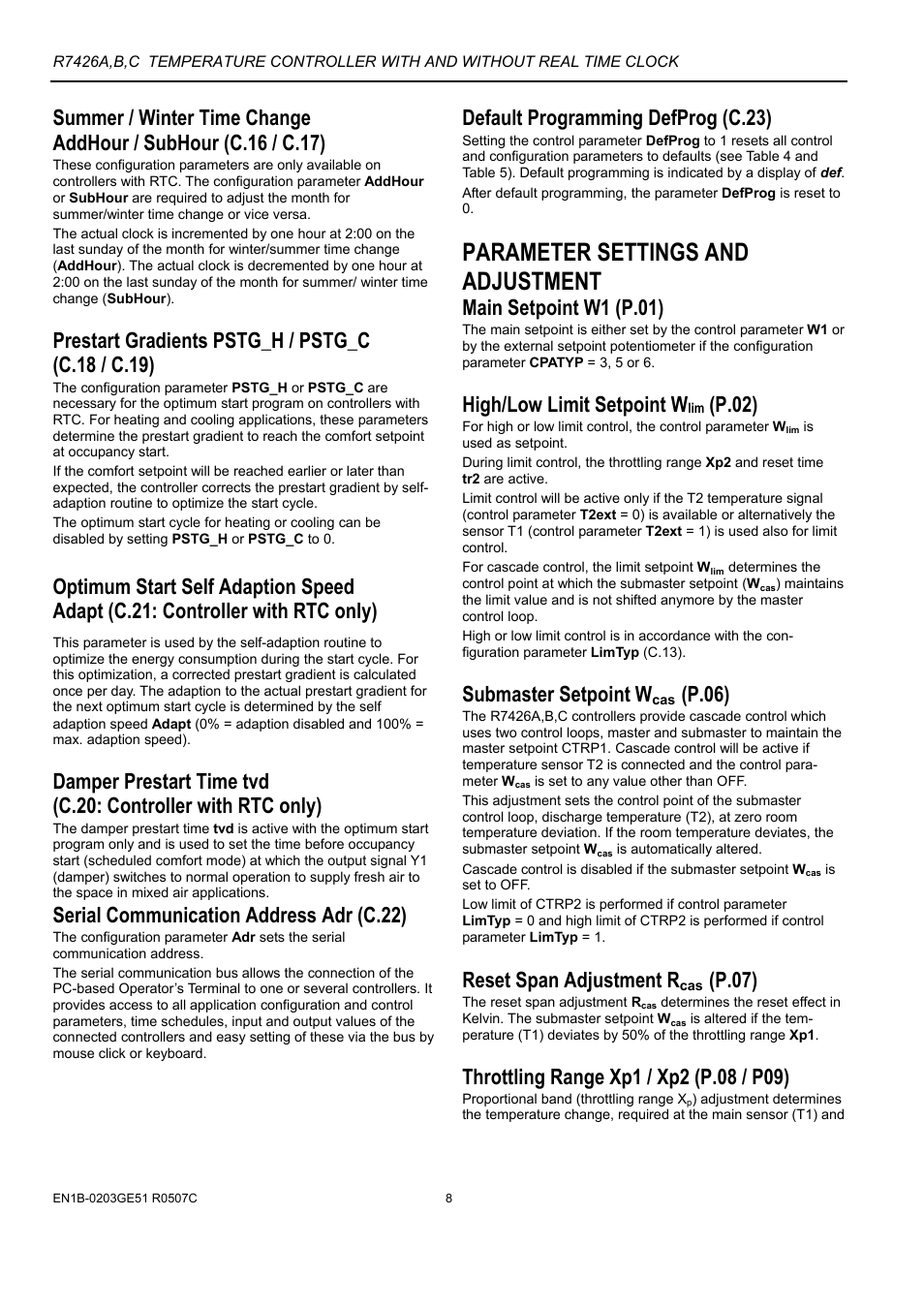 Parameter settings and adjustment, Prestart gradients pstg_h / pstg_c (c.18 / c.19), Serial communication address adr (c.22) | Default programming defprog (c.23), Main setpoint w1 (p.01), High/low limit setpoint w, P.02), Submaster setpoint w, P.06), Reset span adjustment r | Honeywell MICRONIK 200 R7426A User Manual | Page 8 / 20