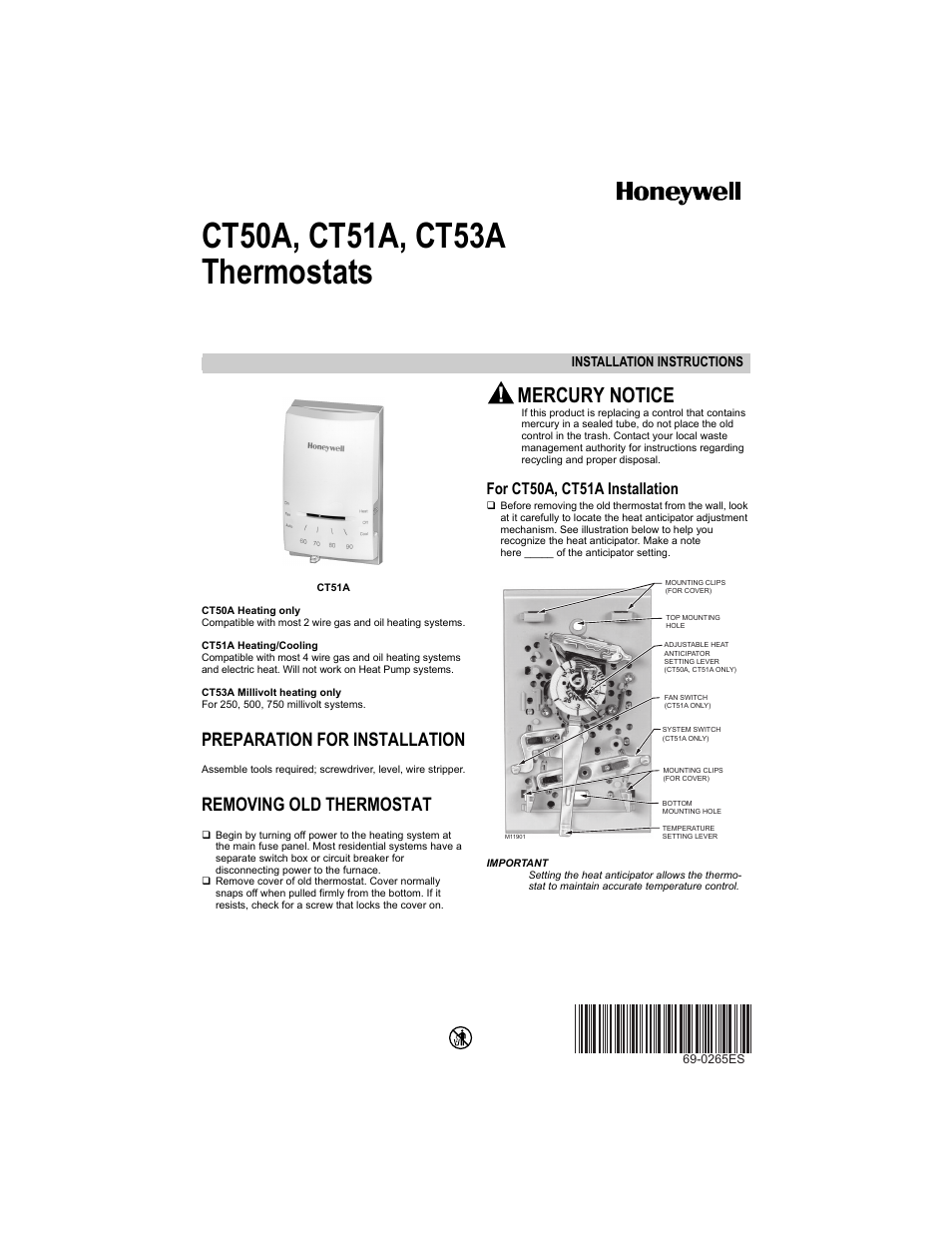 Honeywell CT50A User Manual | 8 pages