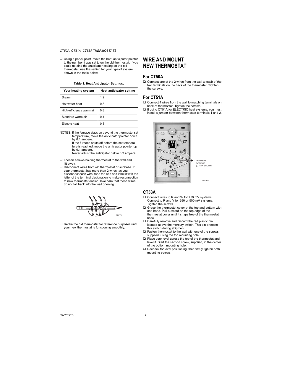 Wire and mount new thermostat, For ct50a, For ct51a | Ct53a | Honeywell CT50A User Manual | Page 2 / 8