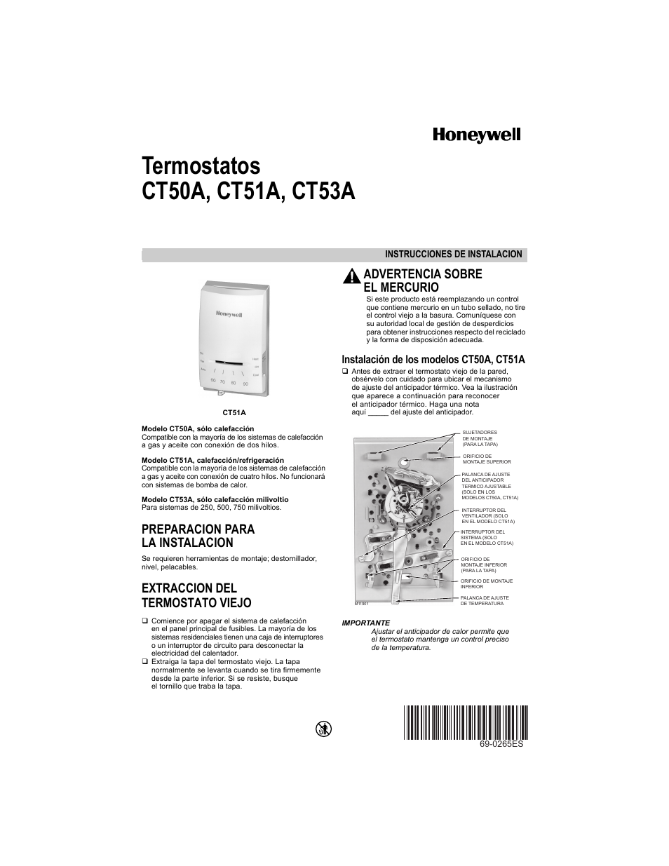 Preparacion para la instalacion, Extraccion del termostato viejo, Instalación de los modelos ct50a, ct51a | Advertencia sobre el mercurio | Honeywell CT50A User Manual | Page 5 / 8