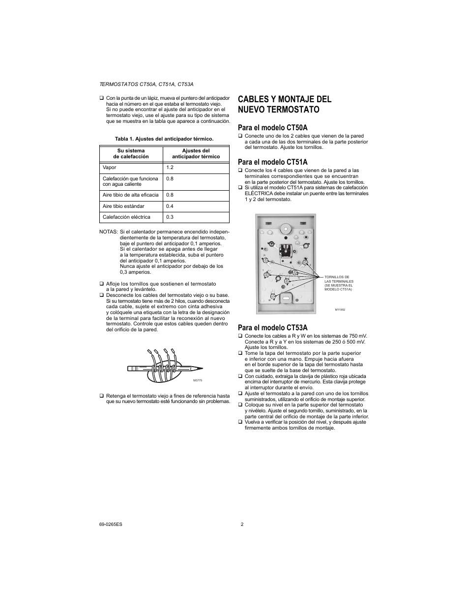 Cables y montaje del nuevo termostato, Para el modelo ct50a, Para el modelo ct51a | Para el modelo ct53a | Honeywell CT50A User Manual | Page 6 / 8