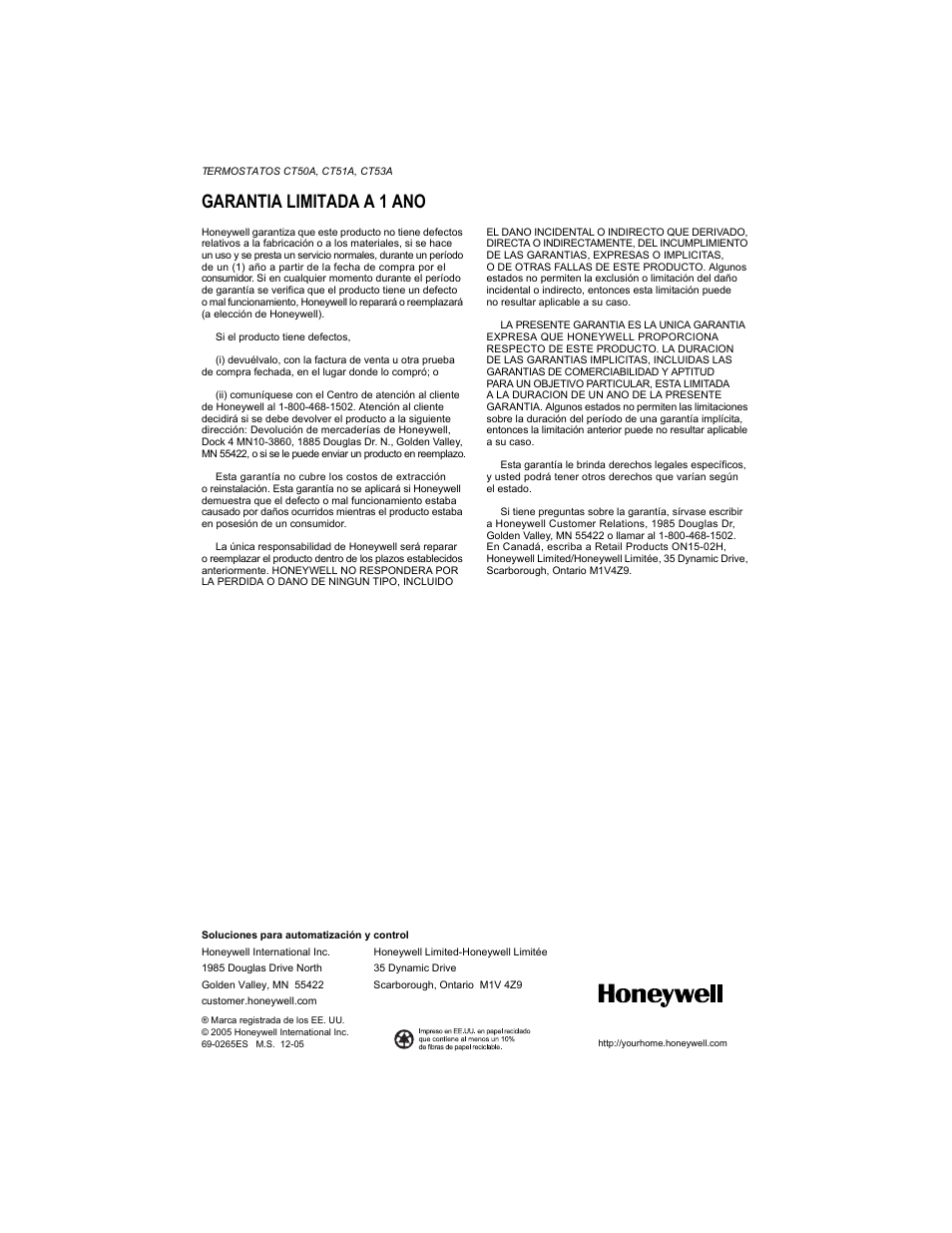 Garantia limitada a 1 ano | Honeywell CT50A User Manual | Page 8 / 8