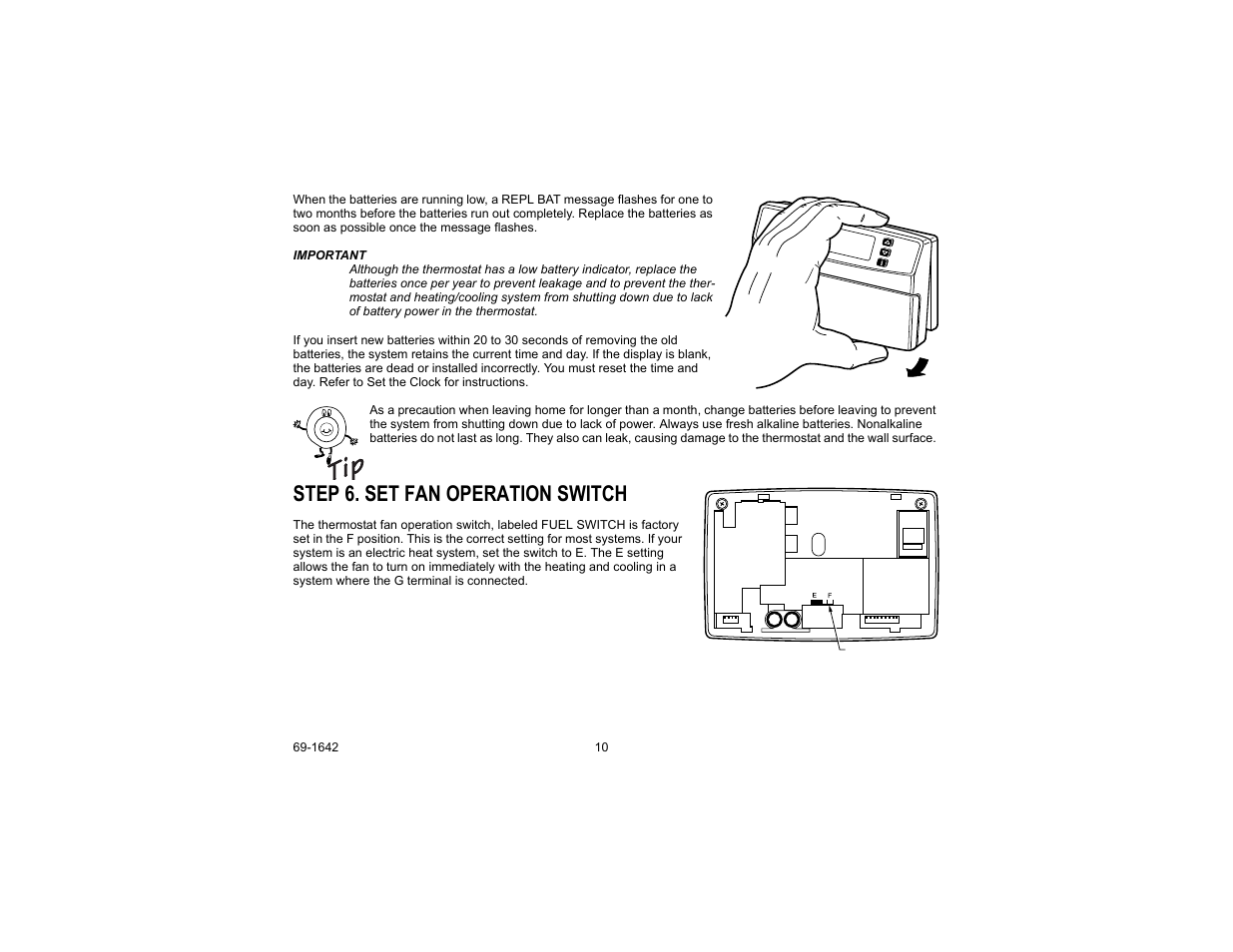 Step 6. set fan operation switch | Honeywell CT3697 User Manual | Page 10 / 24
