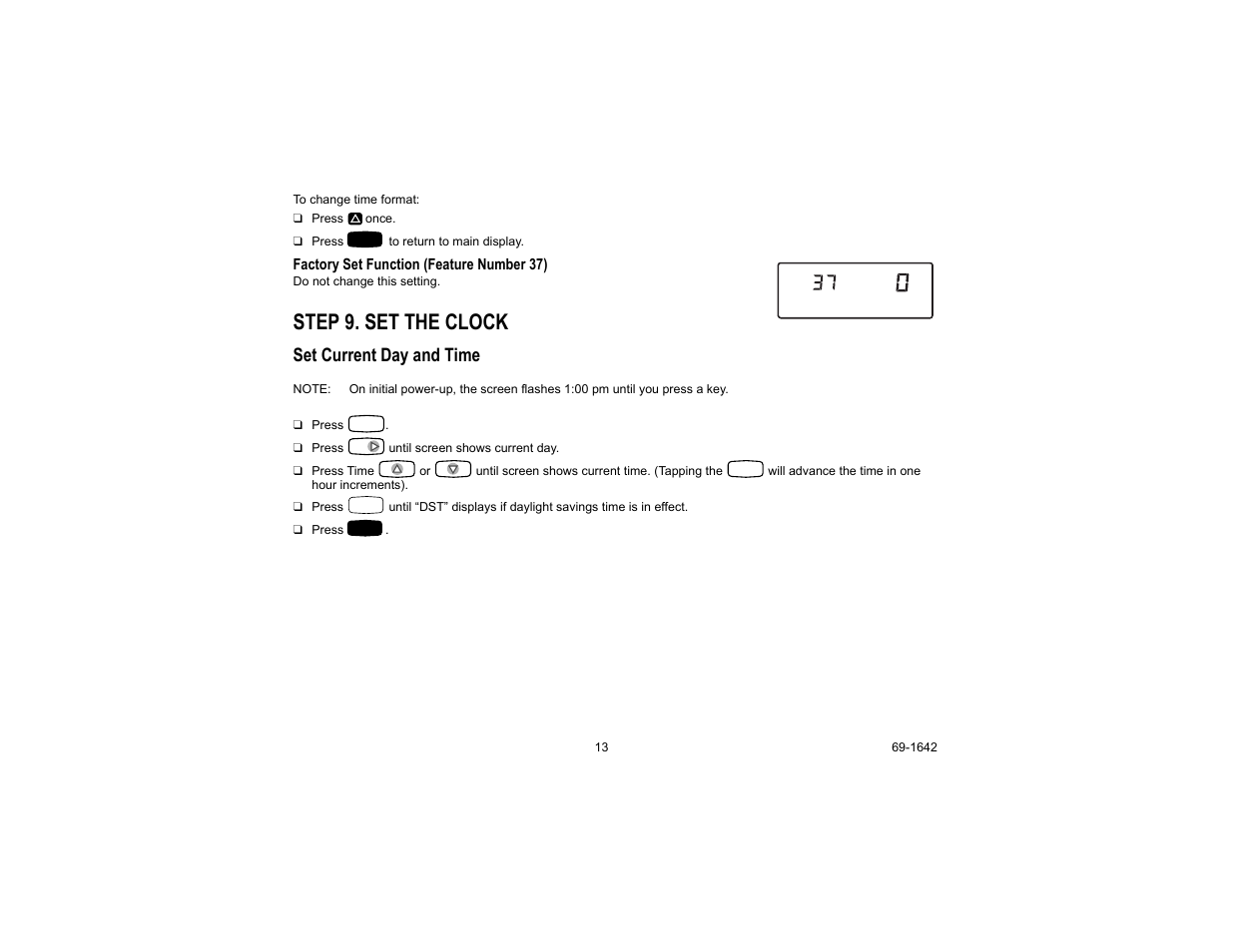 Step 9. set the clock, Set current day and time | Honeywell CT3697 User Manual | Page 13 / 24