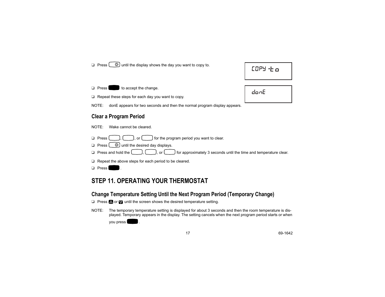 Clear a program period, Step 11. operating your thermostat | Honeywell CT3697 User Manual | Page 17 / 24