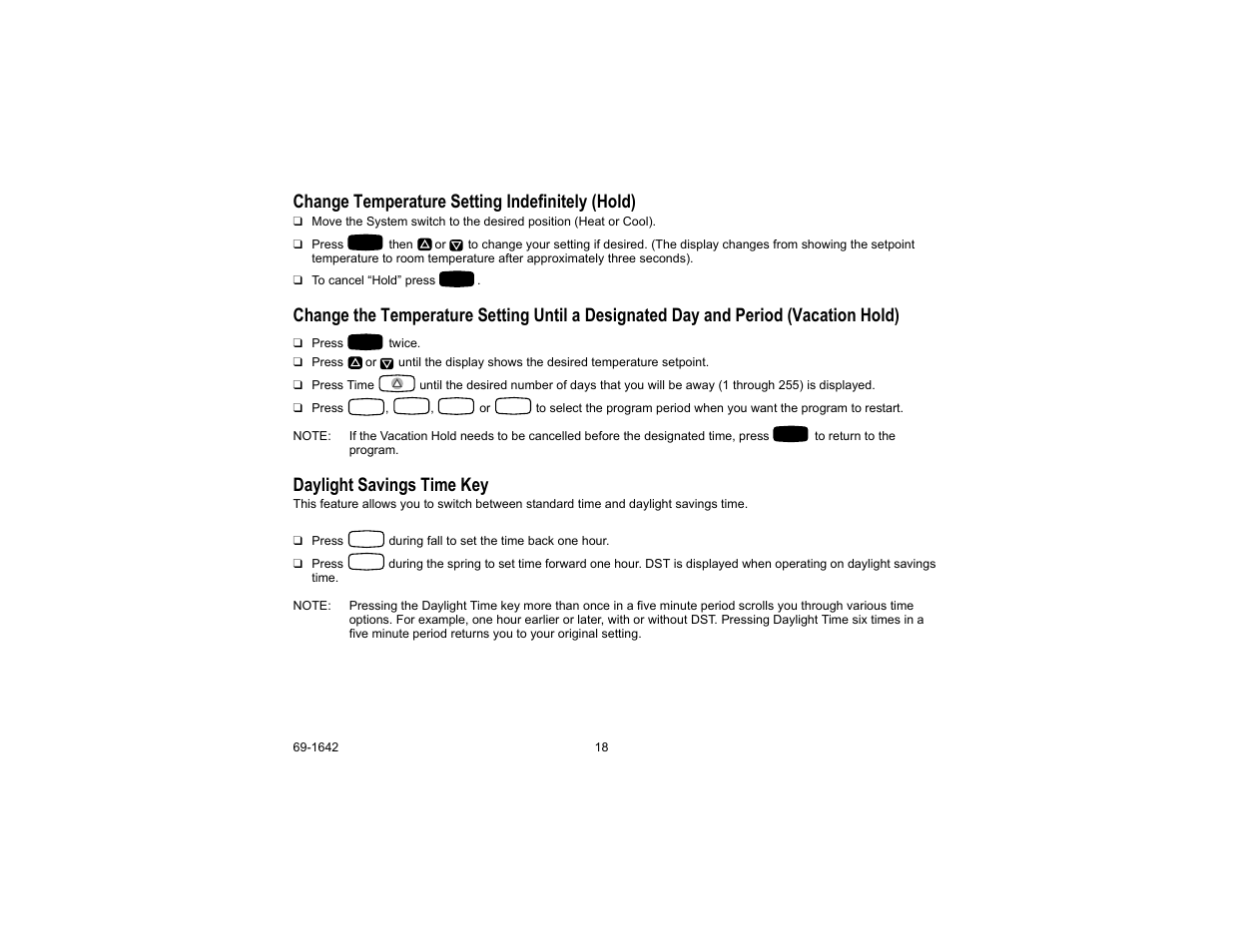 Change temperature setting indefinitely (hold), Daylight savings time key | Honeywell CT3697 User Manual | Page 18 / 24
