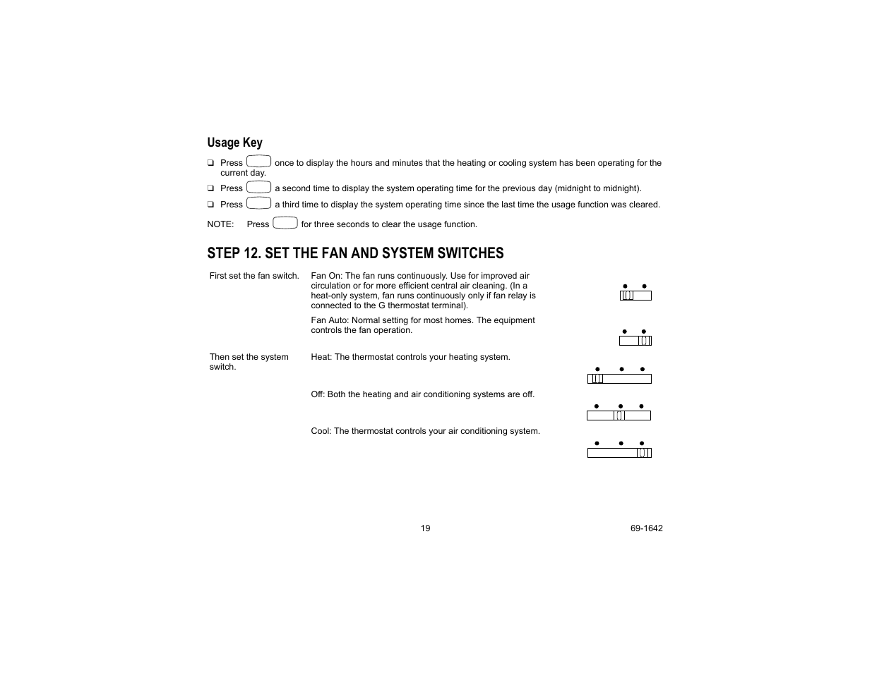 Usage key, Step 12. set the fan and system switches | Honeywell CT3697 User Manual | Page 19 / 24