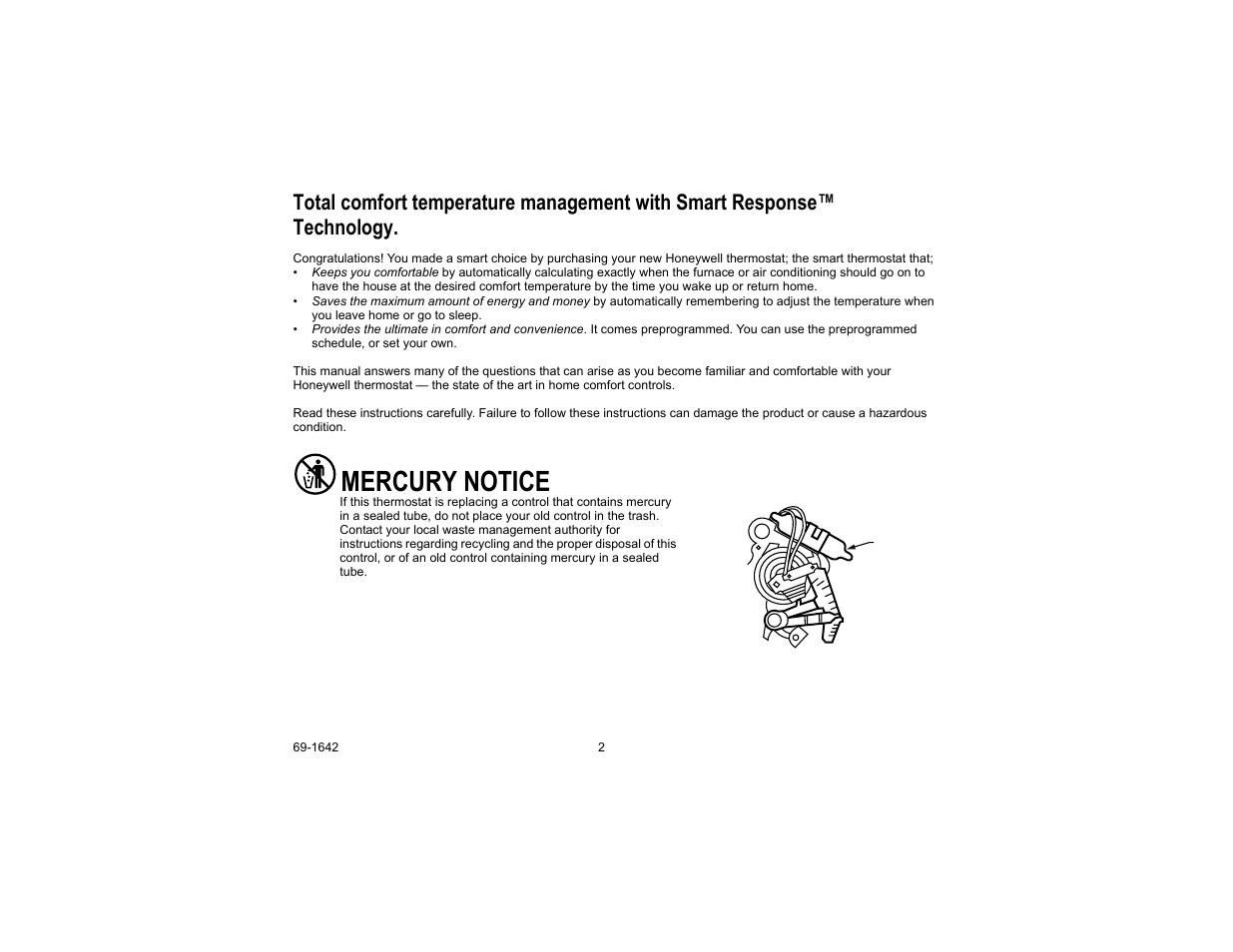 Mercury notice | Honeywell CT3697 User Manual | Page 2 / 24