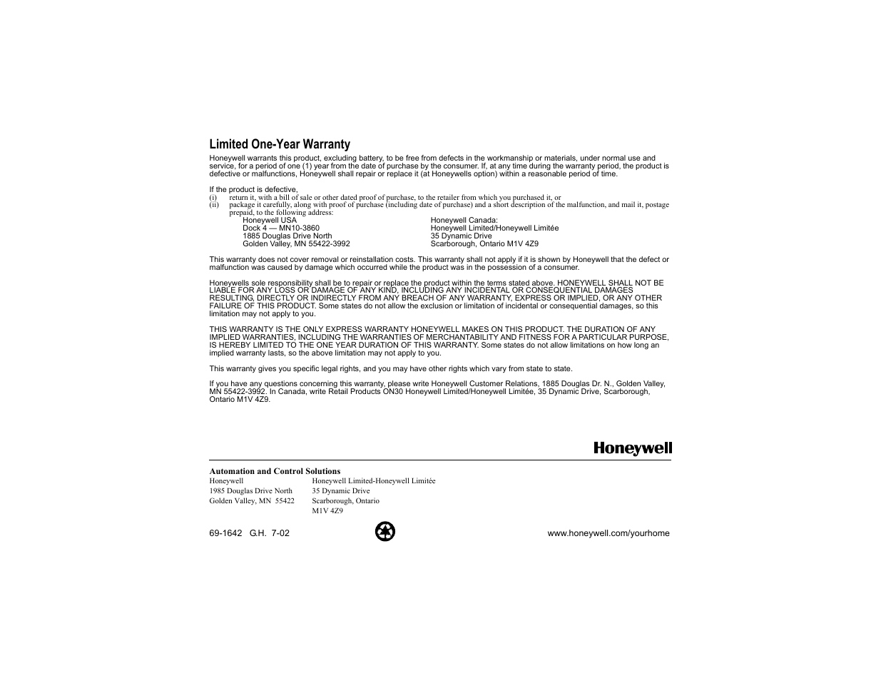 Limited one-year warranty | Honeywell CT3697 User Manual | Page 24 / 24