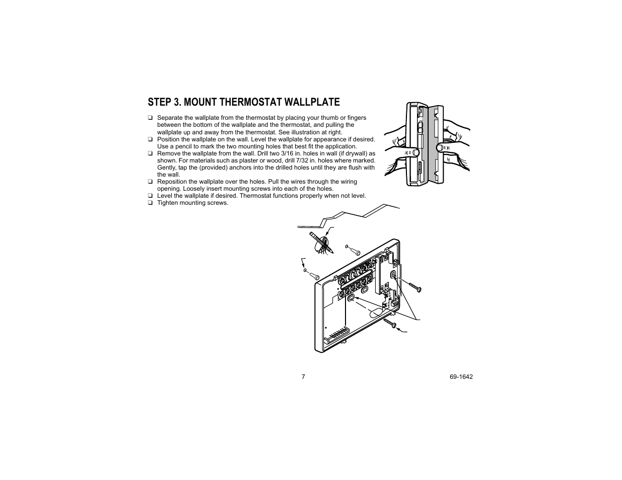 Step 3. mount thermostat wallplate | Honeywell CT3697 User Manual | Page 7 / 24