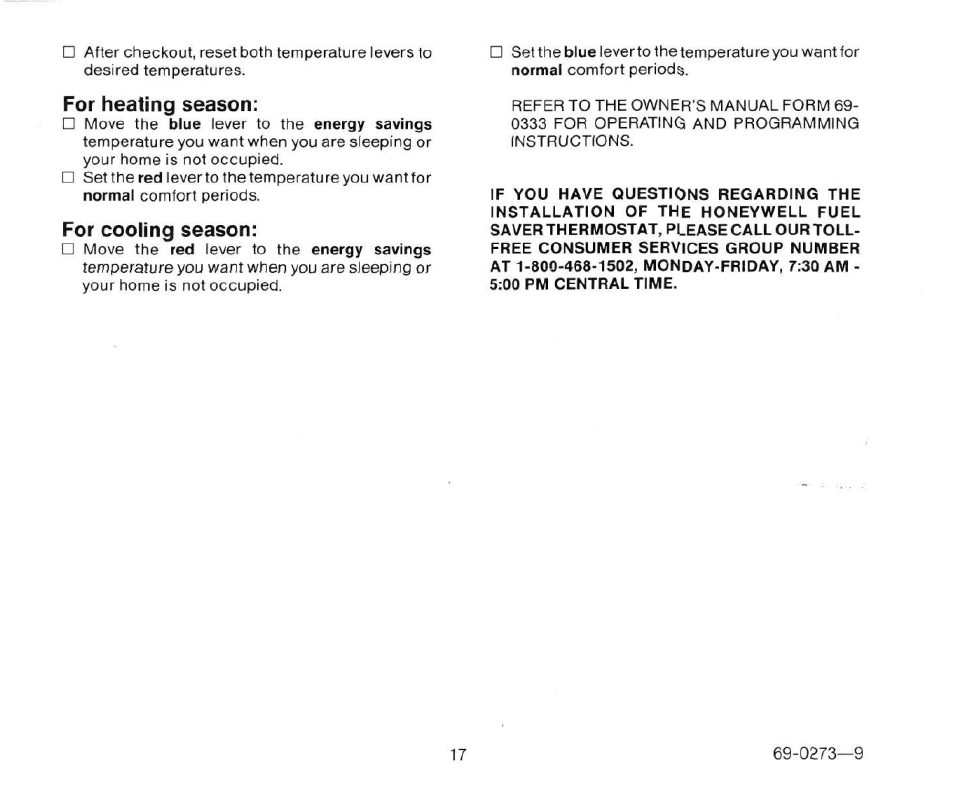 For heating season, For cooling season | Honeywell CT1503 User Manual | Page 19 / 20