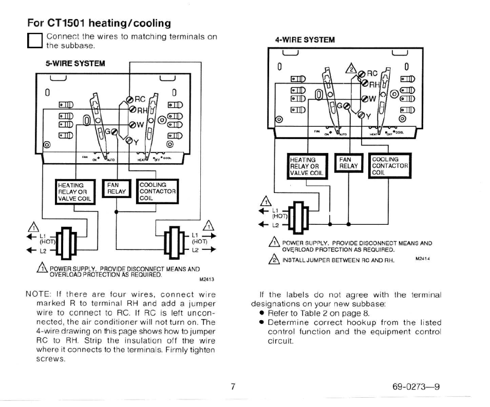 For ct1501 heating/cooling | Honeywell CT1503 User Manual | Page 9 / 20