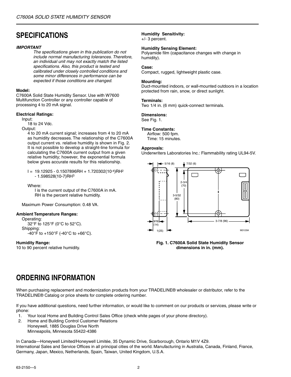 Specifications, Ordering information | Honeywell SOLID STATE HUMIDITY C7600A User Manual | Page 2 / 6