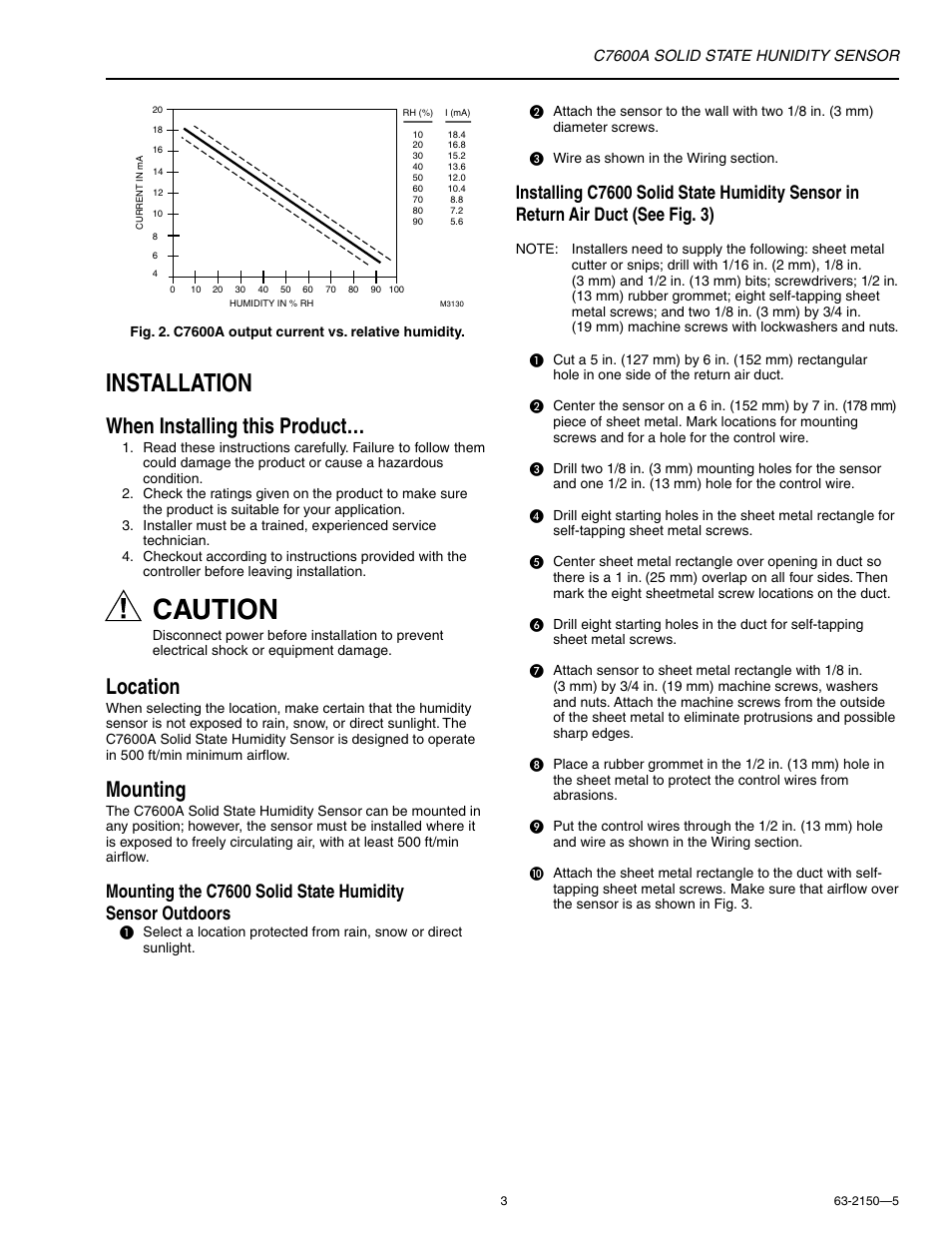 Caution, Installation, When installing this product | Location, Mounting | Honeywell SOLID STATE HUMIDITY C7600A User Manual | Page 3 / 6