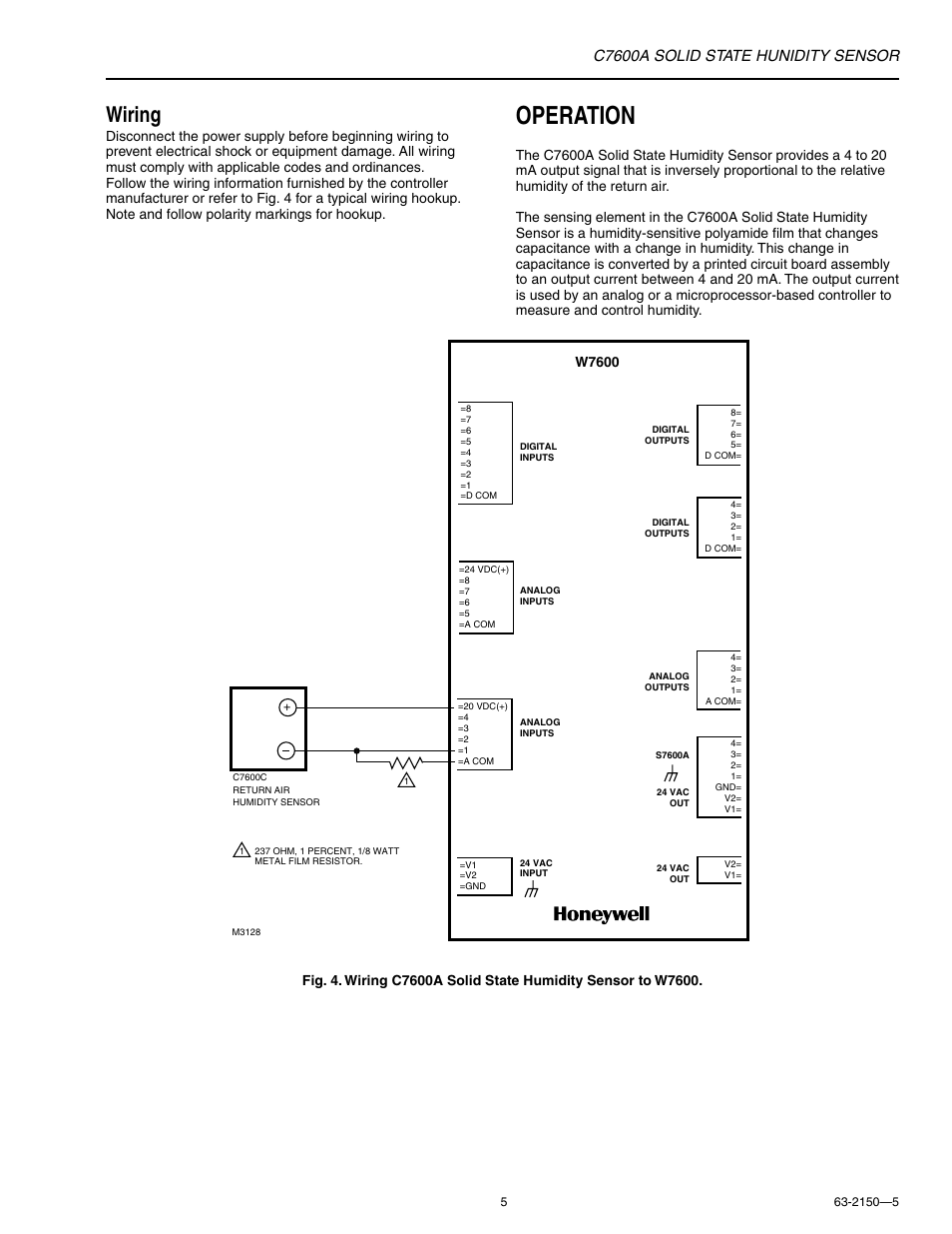 Operation, Wiring, C7600a solid state hunidity sensor | W7600 | Honeywell SOLID STATE HUMIDITY C7600A User Manual | Page 5 / 6