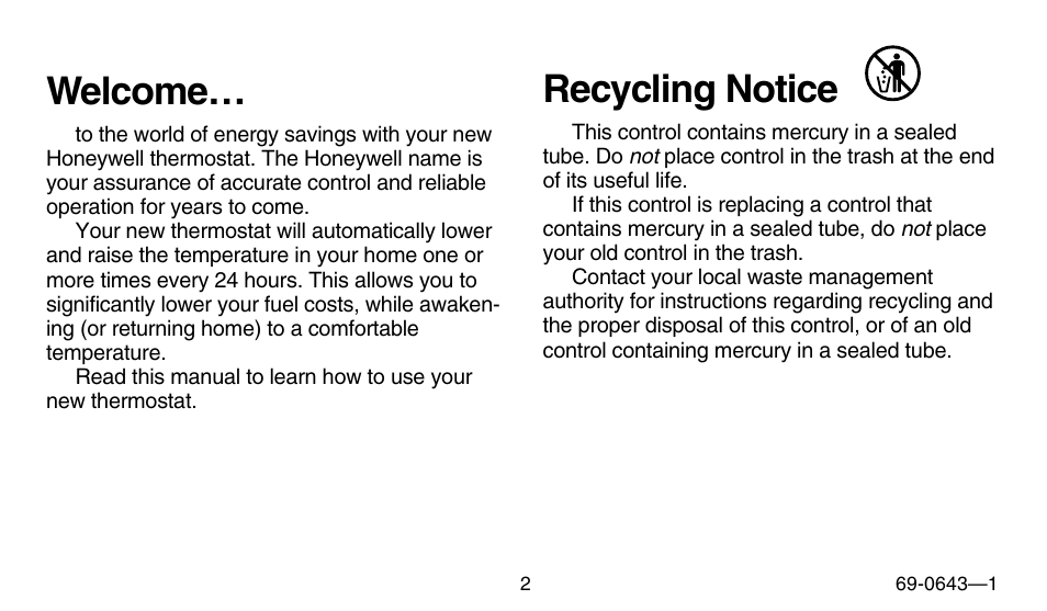 Recycling notice, Welcome | Honeywell 191108AJ User Manual | Page 2 / 28