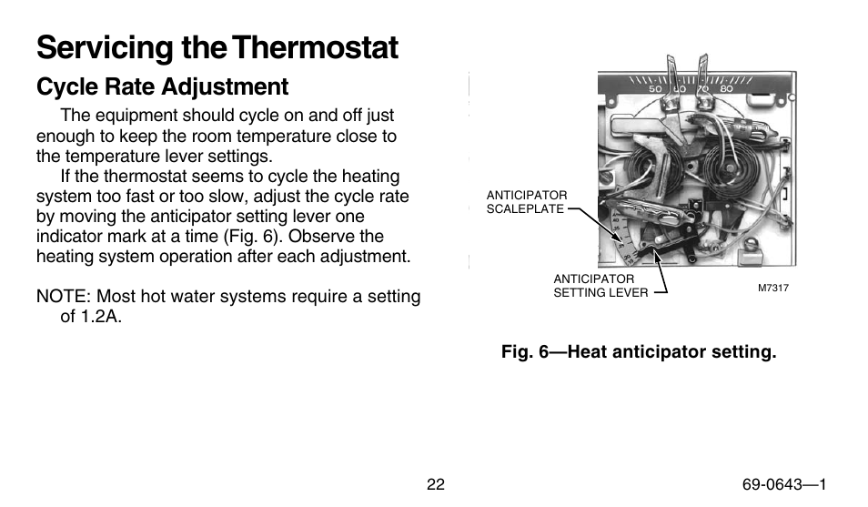 Servicing the thermostat, Cycle rate adjustment | Honeywell 191108AJ User Manual | Page 22 / 28
