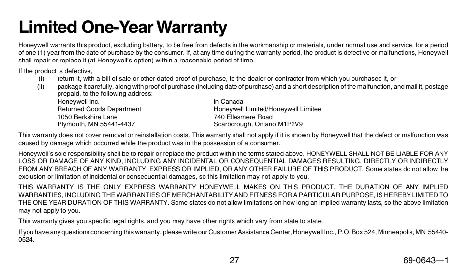 Limited one-year warranty | Honeywell 191108AJ User Manual | Page 27 / 28