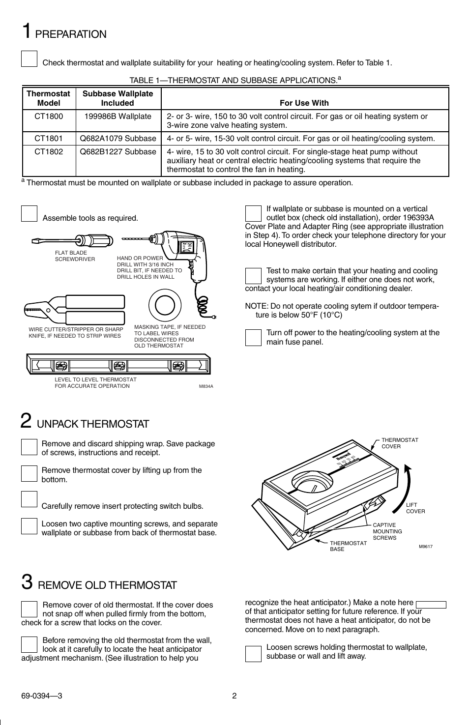 Preparation, Unpack thermostat, Remove old thermostat | Honeywell CT1800 User Manual | Page 2 / 8