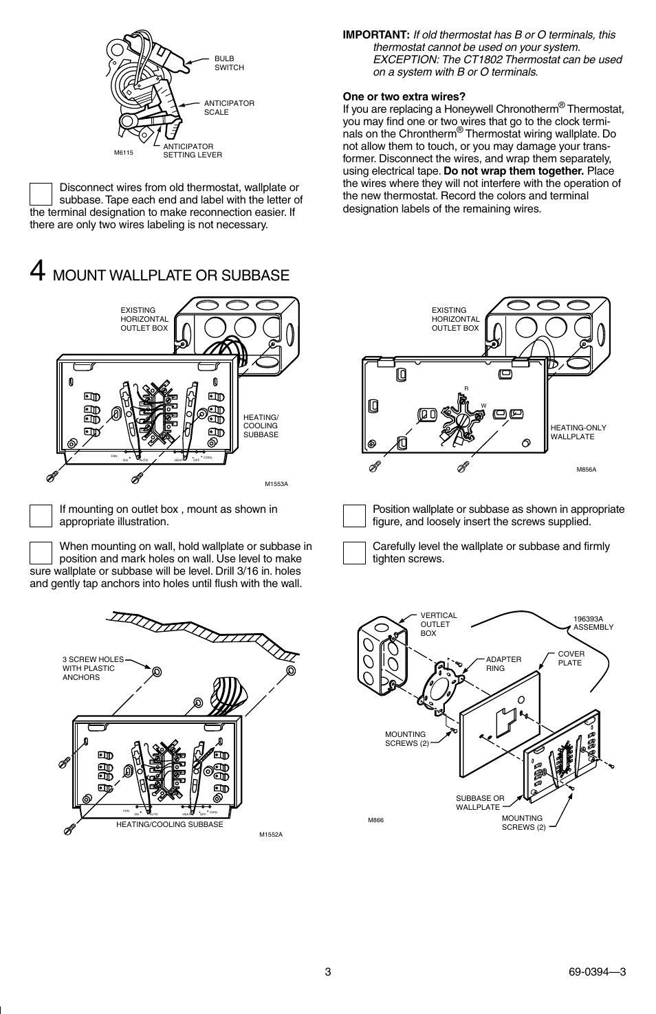 Mount wallplate or subbase | Honeywell CT1800 User Manual | Page 3 / 8