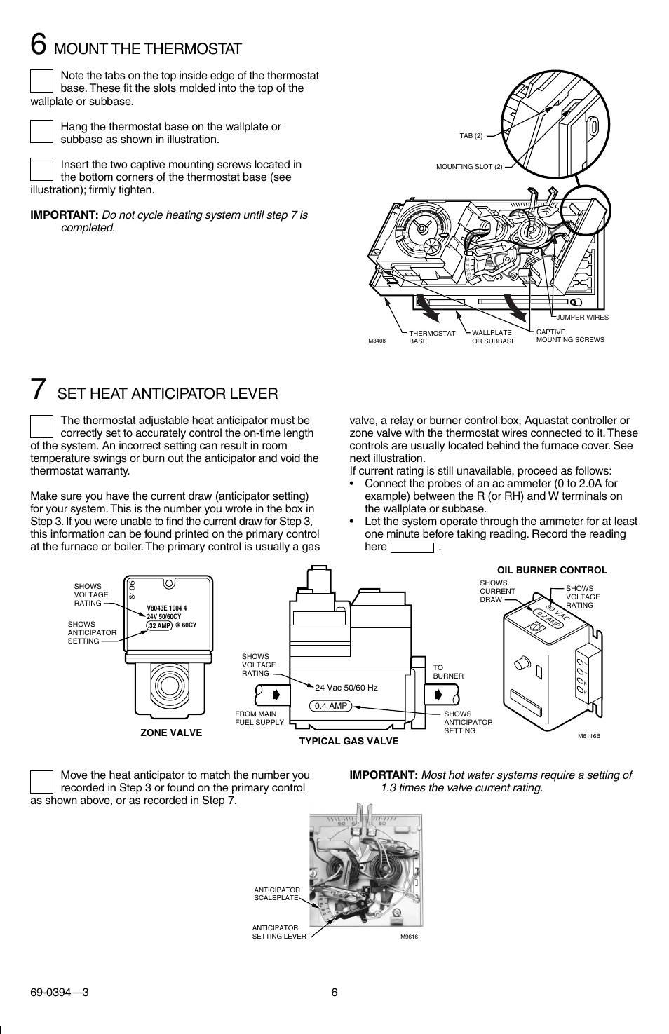 Mount the thermostat, Set heat anticipator lever | Honeywell CT1800 User Manual | Page 6 / 8