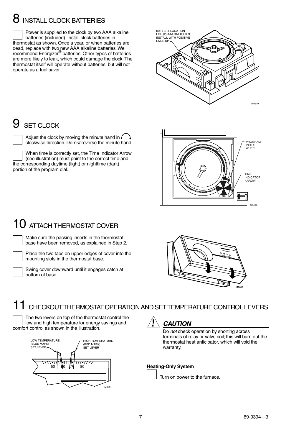 Caution, Install clock batteries, Set clock | Attach thermostat cover | Honeywell CT1800 User Manual | Page 7 / 8