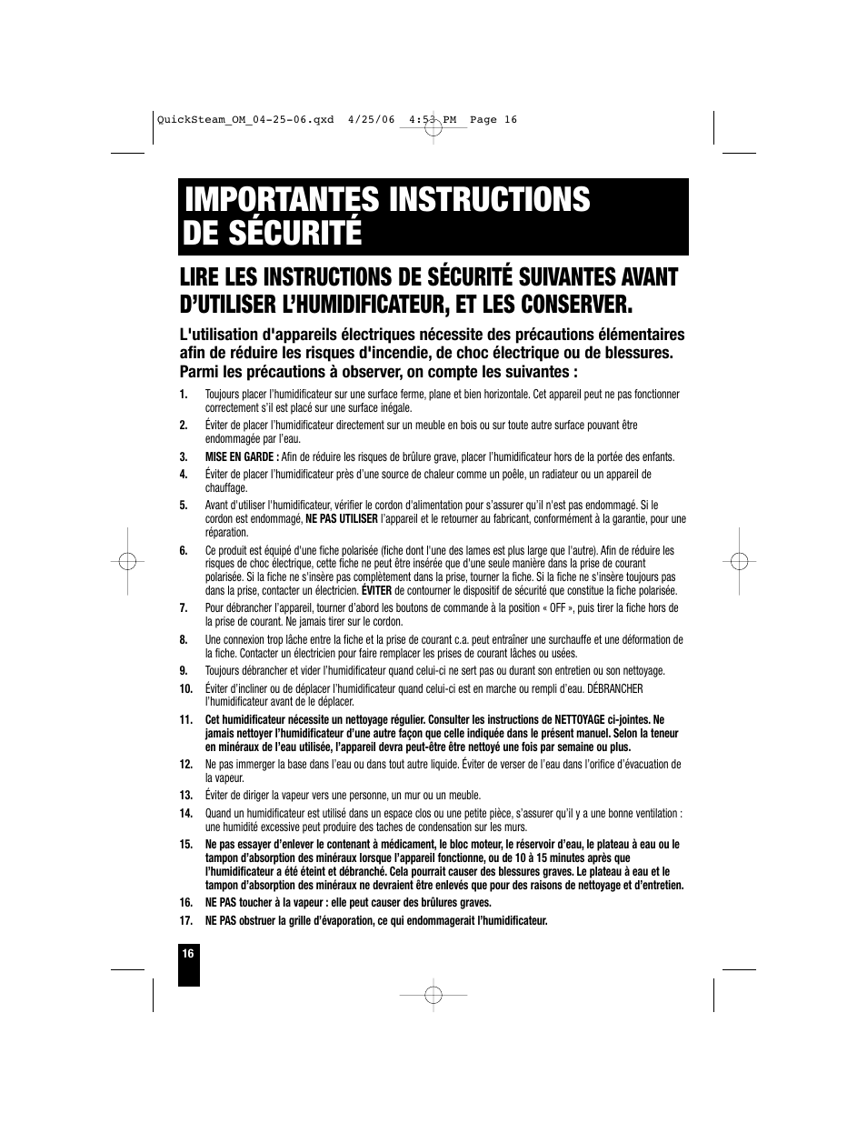 Importantes instructions de sécurité | Honeywell HWM-330 User Manual | Page 16 / 44