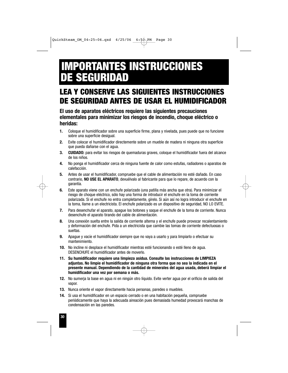 Importantes instrucciones de seguridad | Honeywell HWM-330 User Manual | Page 30 / 44