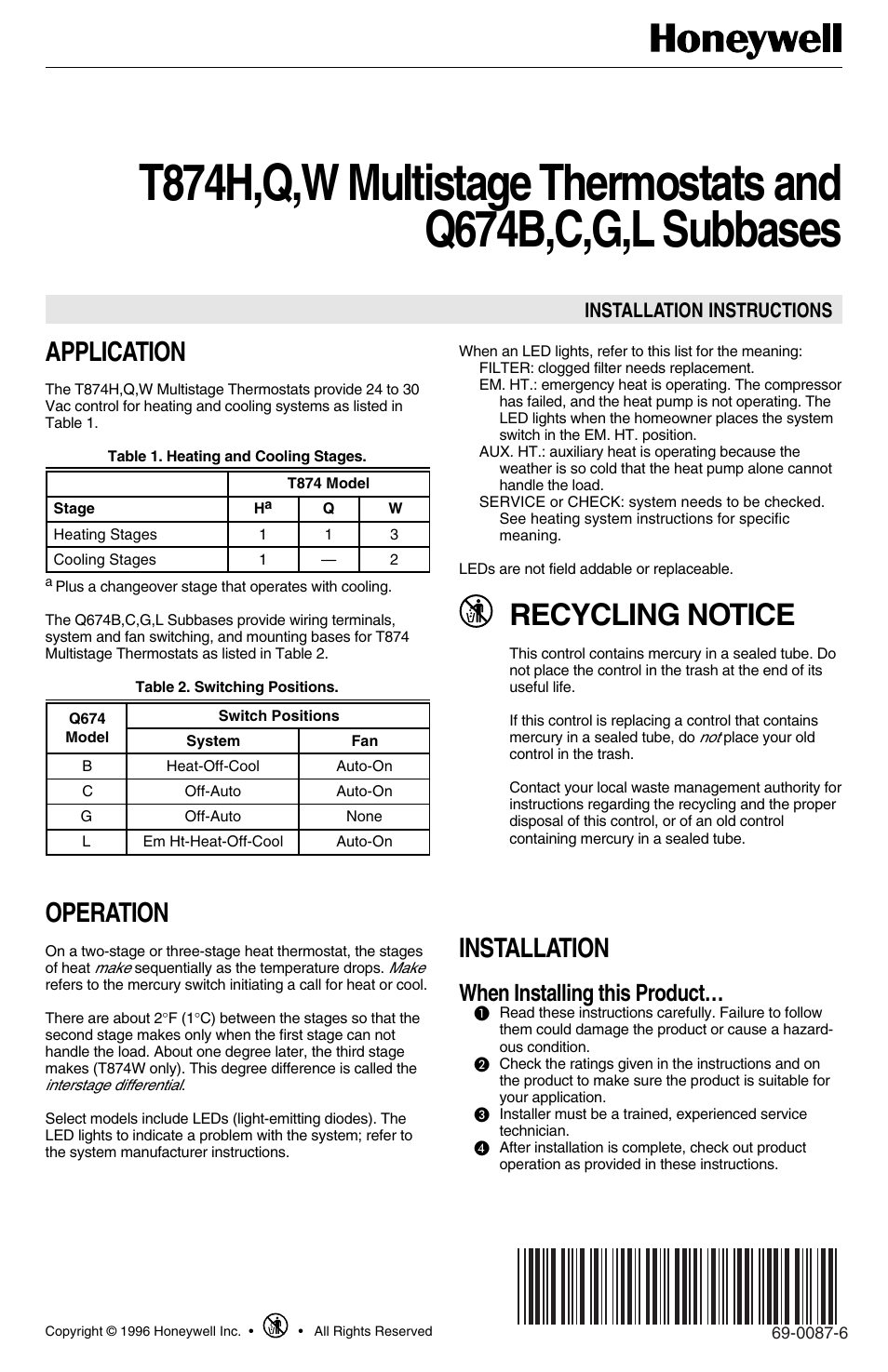 Honeywell MULTISTAGETHERMOSTATSAND T874H User Manual | 8 pages