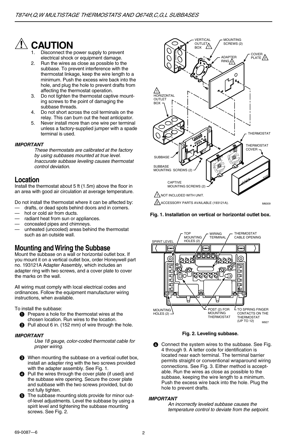 Caution, Location, Mounting and wiring the subbase | Honeywell MULTISTAGETHERMOSTATSAND T874H User Manual | Page 2 / 8