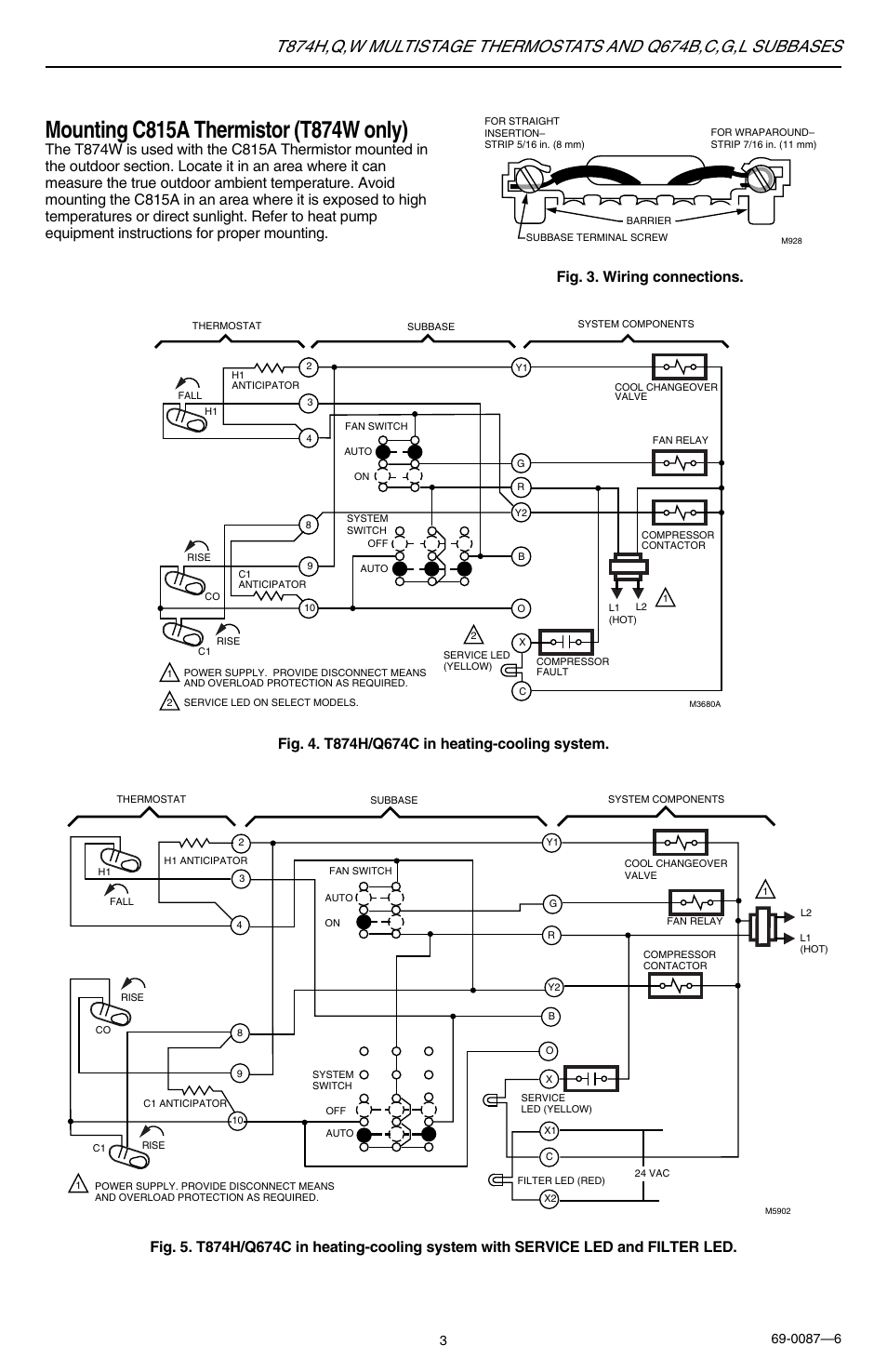 Honeywell MULTISTAGETHERMOSTATSAND T874H User Manual | Page 3 / 8