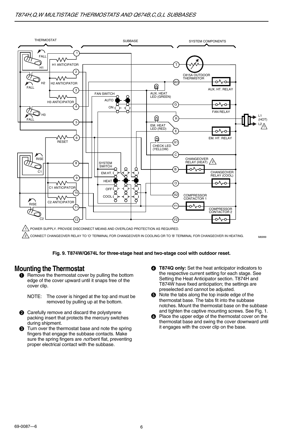 Mounting the thermostat | Honeywell MULTISTAGETHERMOSTATSAND T874H User Manual | Page 6 / 8