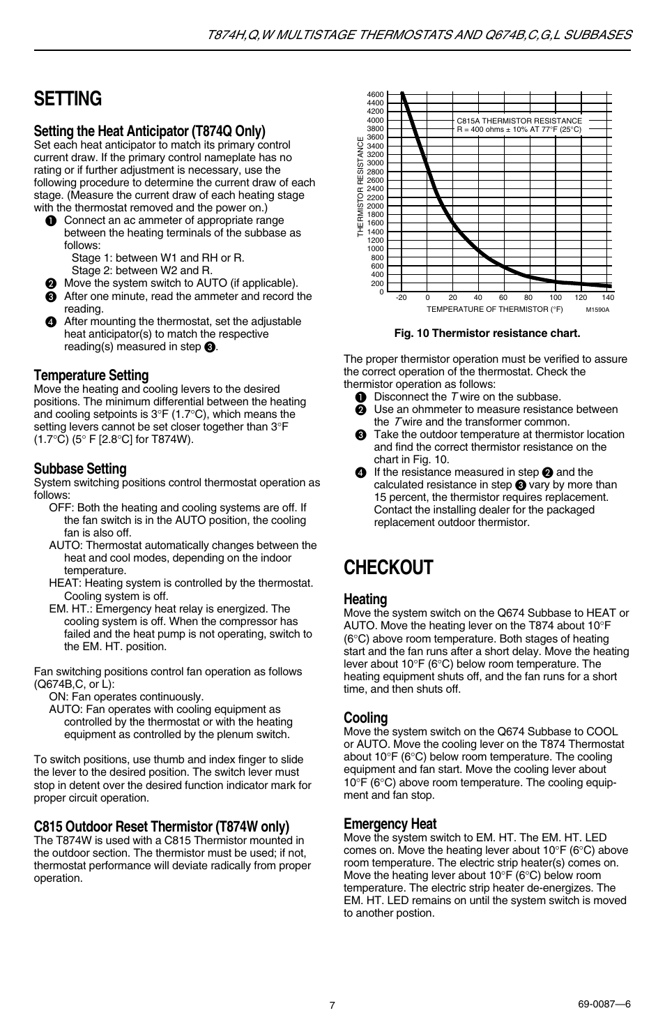 Setting, Checkout, Setting the heat anticipator (t874q only) | Temperature setting, Subbase setting, Heating, Cooling, Emergency heat | Honeywell MULTISTAGETHERMOSTATSAND T874H User Manual | Page 7 / 8