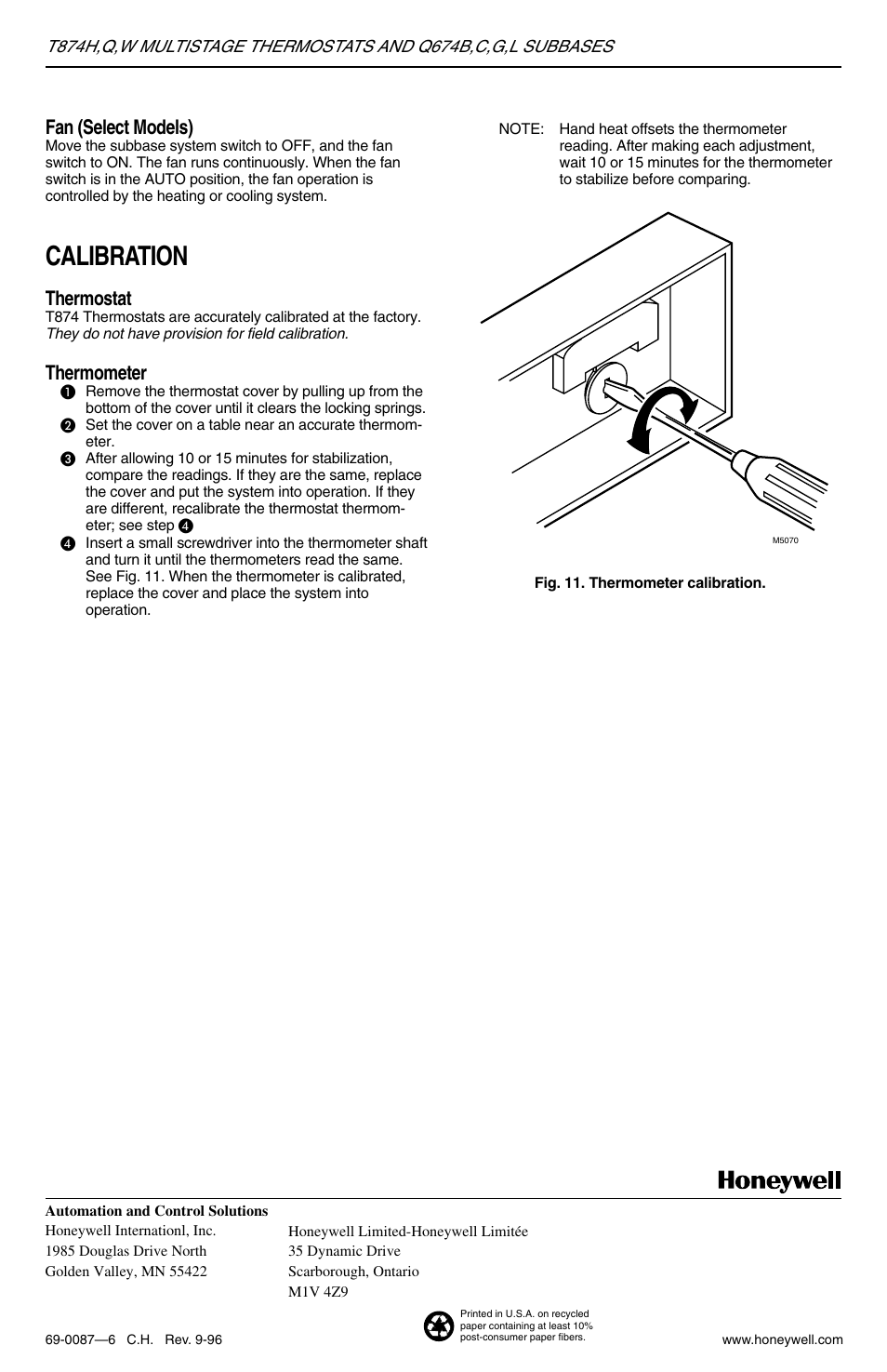 Calibration, Fan (select models), Thermostat | Thermometer | Honeywell MULTISTAGETHERMOSTATSAND T874H User Manual | Page 8 / 8