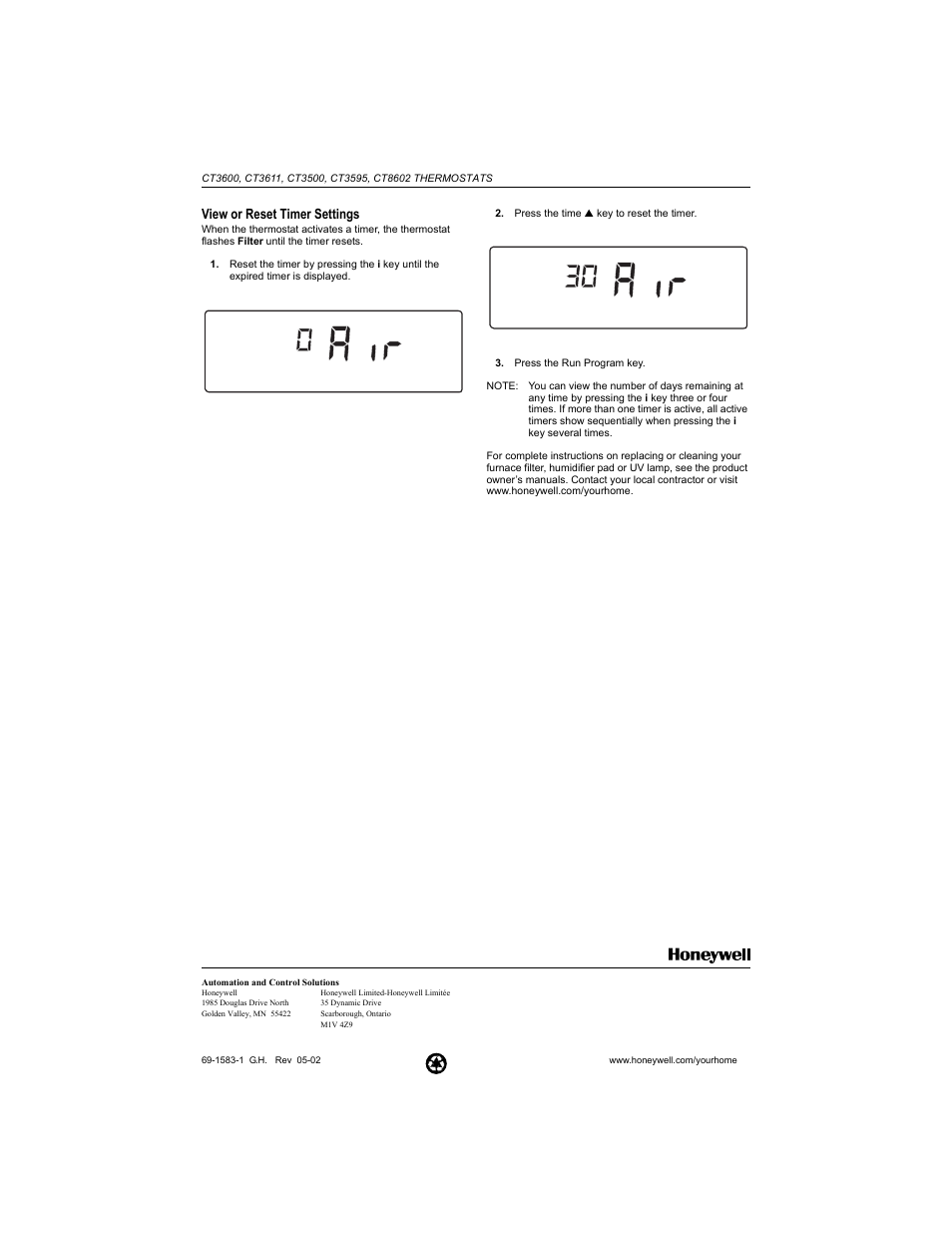 View or reset timer settings | Honeywell CT3611 User Manual | Page 2 / 2