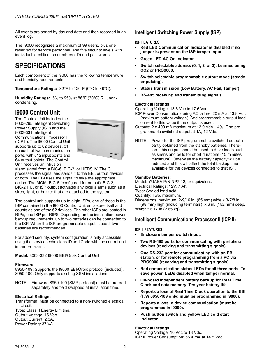 Specifications, I9000 control unit, Intelligent switching power supply (isp) | Intelligent communications processor ii (icp ii) | Honeywell INTELLIGUARD 9000 User Manual | Page 2 / 8