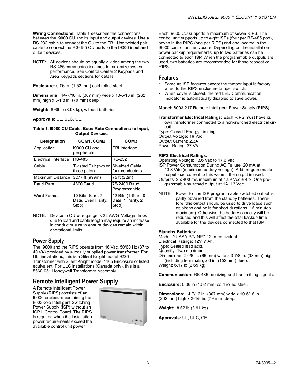 Remote intelligent power supply, Power supply, Features | Honeywell INTELLIGUARD 9000 User Manual | Page 3 / 8