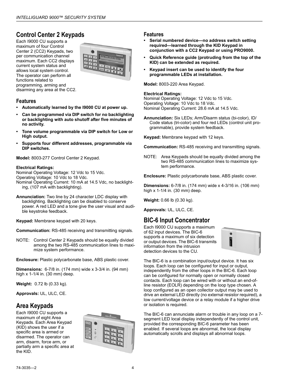 Control center 2 keypads, Area keypads, Bic-6 input concentrator | Features | Honeywell INTELLIGUARD 9000 User Manual | Page 4 / 8